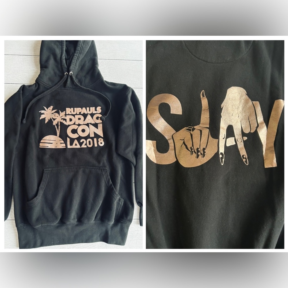 RuPaul hoodie Drag Con 2018 Black with metallic bronze graphics Small unisex EUC